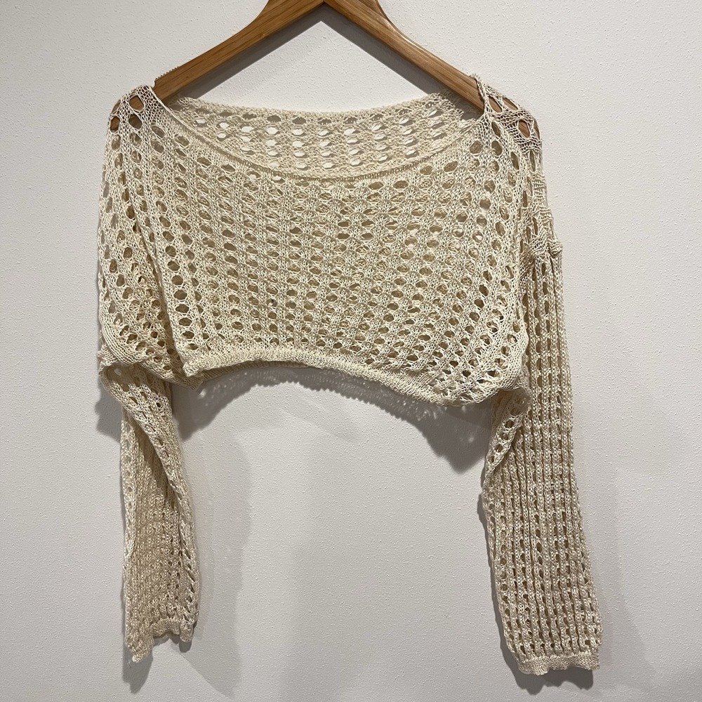 Women Cream Tan Large Crochet Top Crop Mesh Open Knit Festival Boho